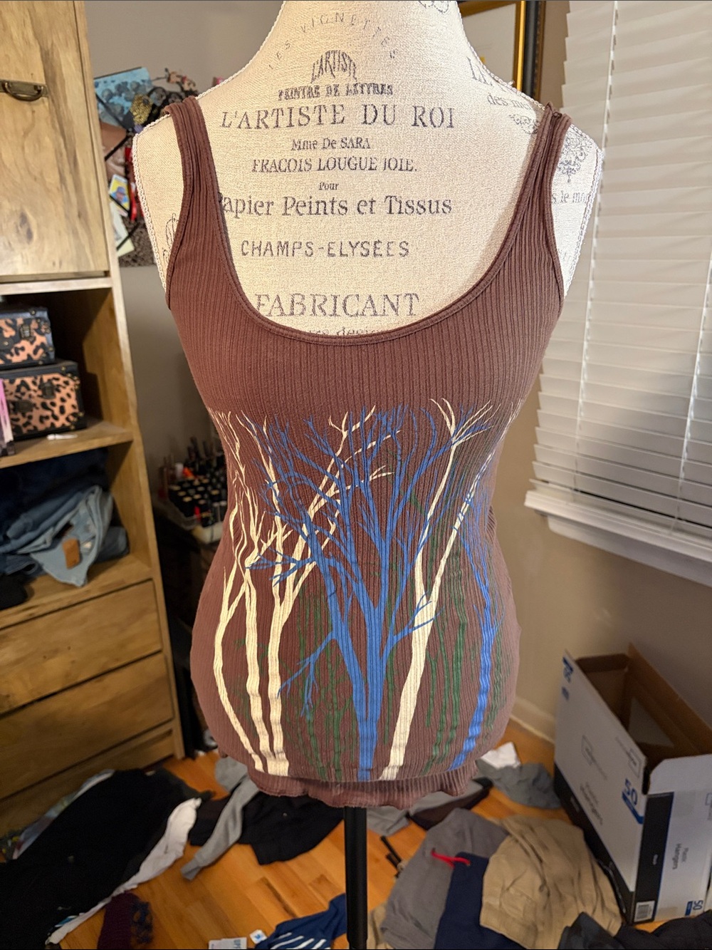 Ribbed Vintage Moss Mills Tree-Print Scoop Neck Tank Top - Brown - Small